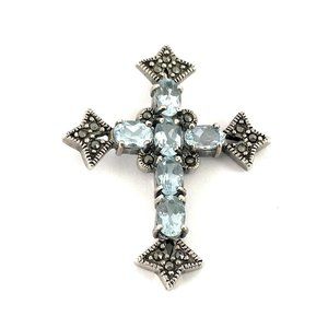 Sterling Silver 925 Aquamarine Marcasite Vintage Cross Pendant